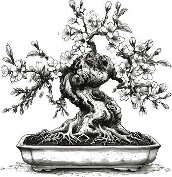 blossoming bonsai sakura cherry tree with delicate flowers and leaves, balance, nature, and artistic growth sketch engraving generative ai vector