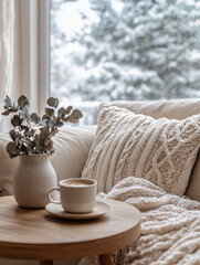 Minimalist interior design of modern cozy winter livingroom with cup of coffee
