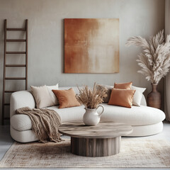 Minimalist interior design of modern boho livingroom with earthy tones
