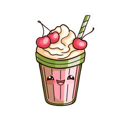 A kawaii-style milkshake with a cute smiling face and striped green straw. It’s topped with whipped cream and several cherries. Cartoon vector illustration on white background. Good for kids