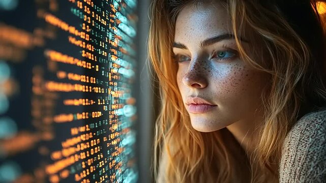 Young woman with freckles gazing thoughtfully out of a window, illuminated by glowing code in the background
