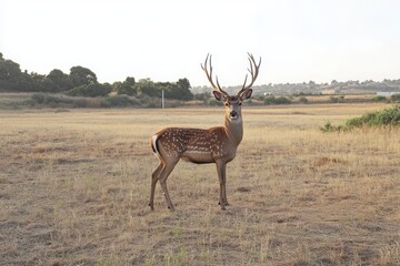 Naklejka premium A spotted deer stands in a grassy field with trees and bushes in the background on a sunny day transparent background