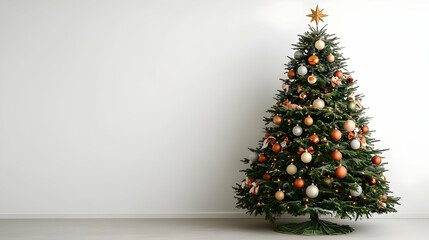 Christmas Tree With Decorations Against White Wall