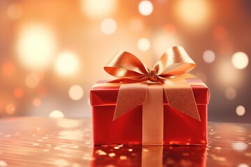 A closeup of a birthday present wrapped in shiny red paper, with a golden bow, set on a background with soft glowing lights 
