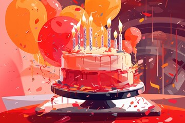 A colourful birthday cake with candles, balloons floating around, and confetti in the air