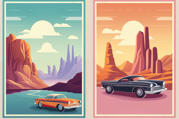 A vintage car cruising along a road through a stunning landscape, mountains, desert, coastal highways