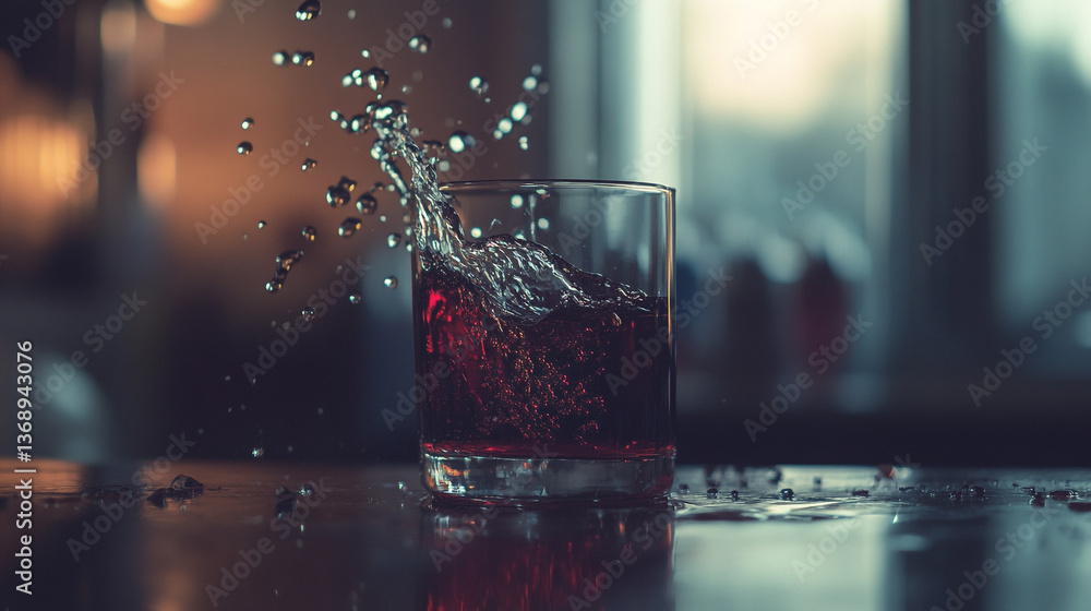 Poster a glass of red liquid with a splash creating droplets frozen in time on a reflective surface top