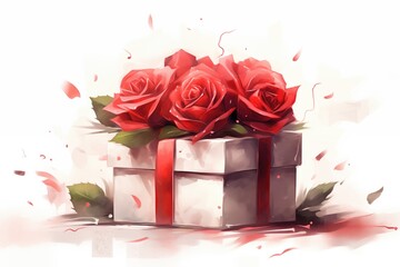 A vintage- style illustration of a birthday gift box with red wrapping, surrounded by by roses, all against a bright white background