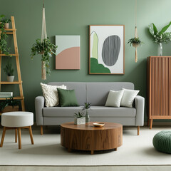 Minimalist interior design of modern livingroom with green walls and wooden elements
