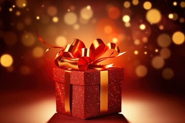 A closeup of a birthday present wrapped in shiny red paper, with a golden bow, set on a background with soft glowing lights 