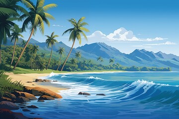 Bright, vivid tropical scenes with clear blue skies, golden sand beaches, and lush palm trees