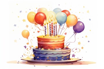 A colourful birthday cake with candles, balloons floating around, and confetti in the air, depicted and isolated on a white background 