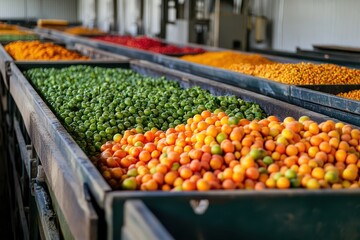 Colorful crops sit in metal containers inside of an industrial building. Showcases the sorting process for harvesting different agricultural products.