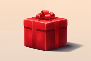 A closeup of a birthday present wrapped in shiny red paper, with a red bow, set on a soft background 