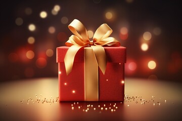 A closeup of a birthday present wrapped in shiny red paper, with a golden bow, set on a background with soft glowing lights 