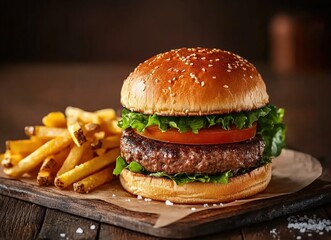 Delicious hamburger with lettuce, tomato, and french fries on a wooden board