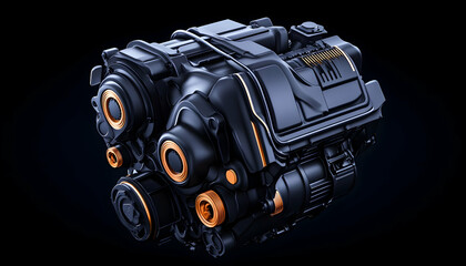 Sleek, dark engine with copper accents, isolated on black