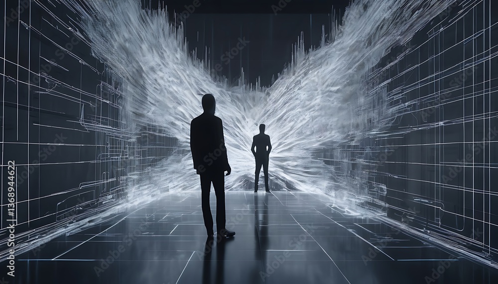 Poster figures of thought: silhouetted figures are standing in a futuristic structure with a luminous artis