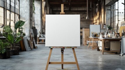 Blank White Canvas on Wooden Easel in Industrial Studio
