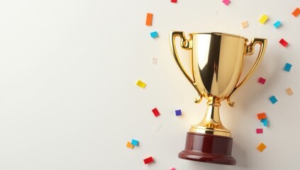 Gold Trophy with Confetti - Achievement Celebration. Ideal for award ceremony websites, achievement celebration advertisements, victory banners, success presentations
