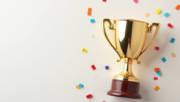 Gold Trophy with Confetti - Achievement Celebration. Ideal for award ceremony websites, achievement celebration advertisements, victory banners, success presentations