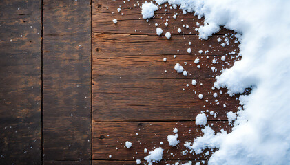A rustic wooden surface blanketed with fresh snow, inviting the viewer into a winter wonderland, a perfect backdrop for seasonal greetings and festive announcements.