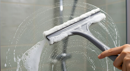 Woman cleaning glass shower door with squeegee, removing soap scum and water droplets, showcasing hygiene and domestic routine for housework concept