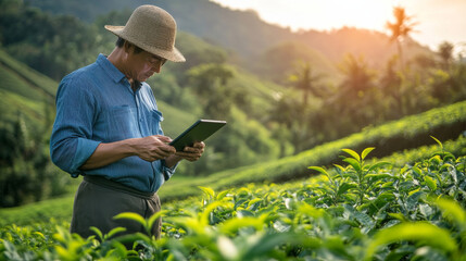 A tea plantation farmer evaluates crop quality using a tablet, illustrating the integration of modern agricultural technology