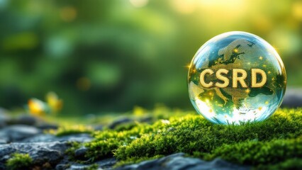 picture of a glass globe with "CSRD" etched on it, representing the EU's Corporate Sustainability Reporting Directive, presting on a bed of moss surrounded by small gold stars