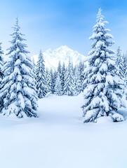 Naklejka premium Snow-covered pines in a winter forest, majestic mountain in background