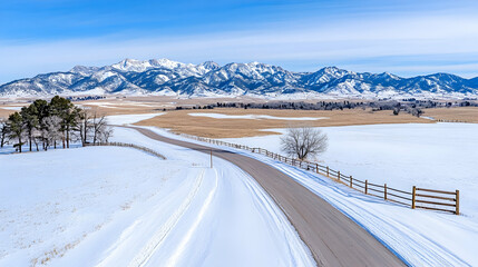 Snow-covered road winding through a winter landscape towards majestic snow-capped mountains