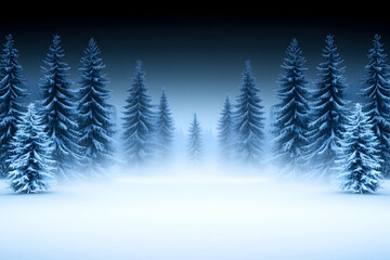 Naklejka premium Snowy, misty evergreen forest at night