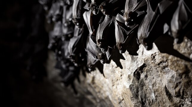 A group of nocturnal creatures hanging upside down in a natural habitat