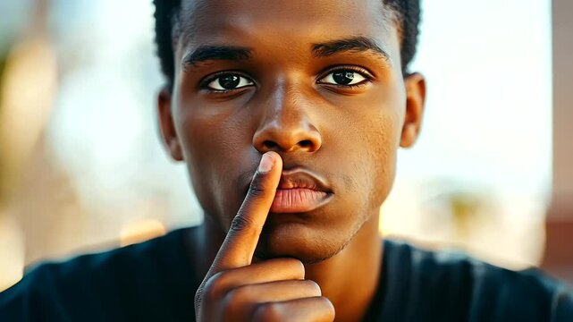 Young man asking for silence with his finger to his lips and mouth taped, creating a quiet and calm atmosphere. young man, asking for silence, shhh gesture, taped mouth, quiet atmo