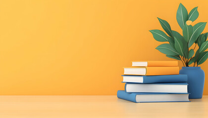 Stacked books and plant on wooden desk against yellow wall