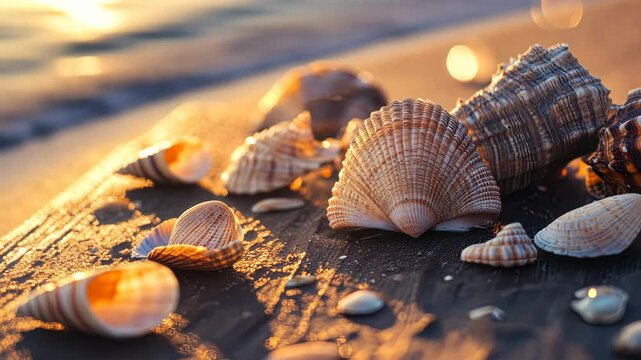 A collection of unique seashells on a wooden surface, soft-focus background, natural sunlight. digital