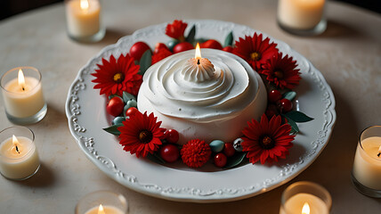 Beautifully Decorated Pavlova with Glowing Candles and Floral Touch

