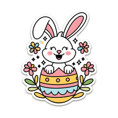 Cute cartoon bunny sitting inside a decorated Easter egg surrounded by flowers and sparkles