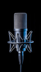 Studio condenser microphone on shock mount against black background