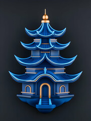 Stylized blue pagoda illustration against dark background