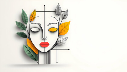 Stylized female face surrounded by autumn leaves and geometric lines