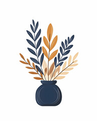 Stylized foliage in a dark-blue vase, featuring muted blue, beige, and orange leaves