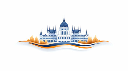 Stylized illustration of a majestic European parliament building, set against a wave design