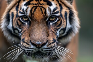 Naklejka premium Majestic tiger prowls through the lush forest, showcasing its powerful presence and striking features in the golden light of noon Generative AI