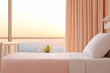 Sunlit hospital room with bed, city view