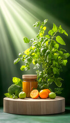 Sunlit jar of citrus preserves beside fresh herbs and fruit on wooden board