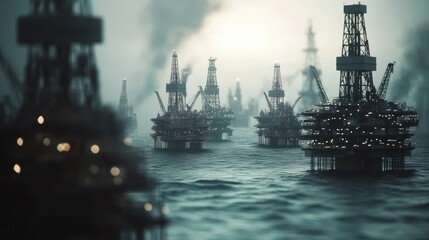Obraz premium Offshore oil platforms stand silhouetted against a misty, overcast sky over the sea. It's ideal for energy, industry, and climate-related editorial content.