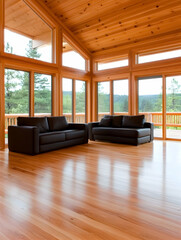 Sunlit living room with hardwood floors, vaulted wood ceiling, and expansive windows showcasing a tranquil landscape