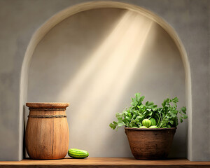 Sunlit niche with wooden barrel, earthenware pot of herbs, and cucumber