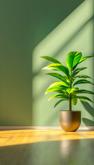 Sunlit potted plant against a green wall